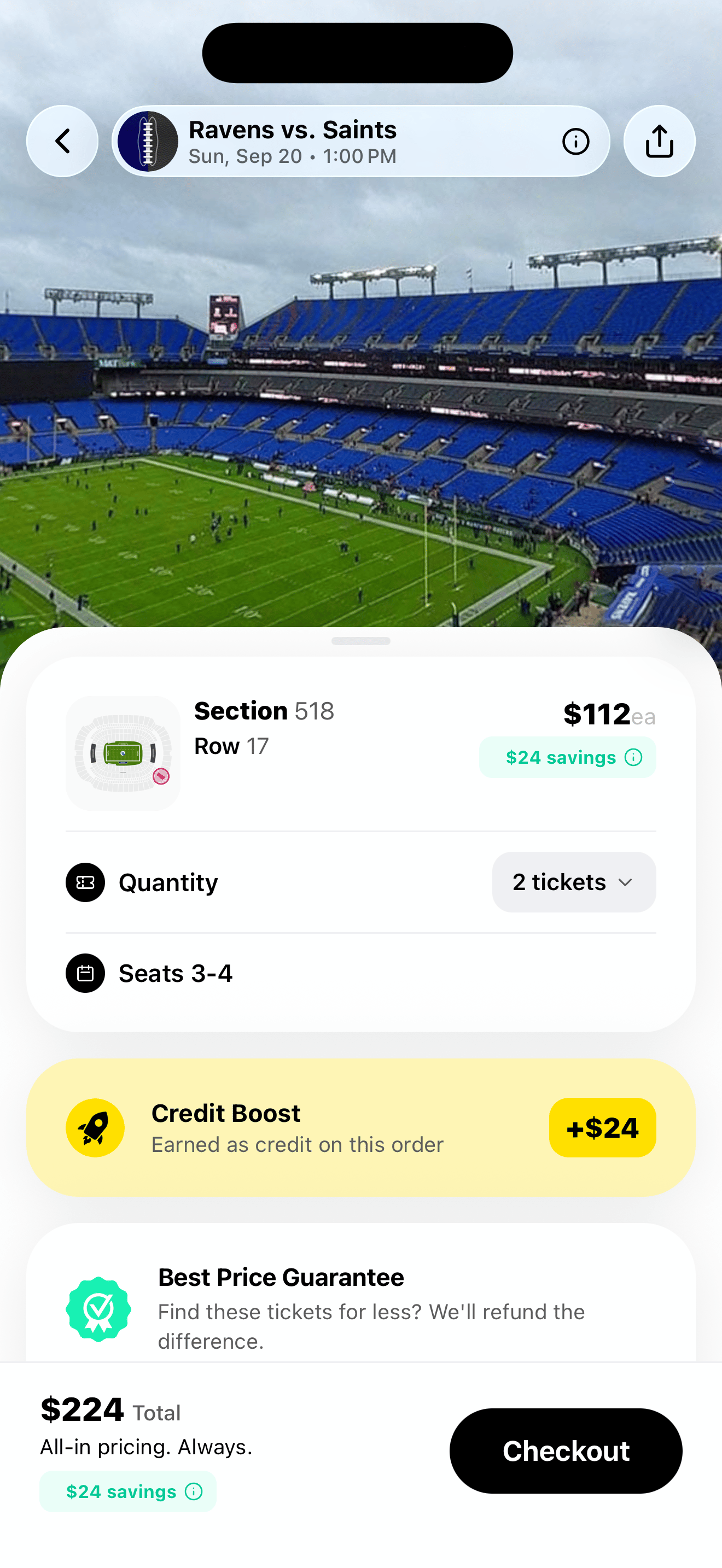 Pick Seats screen showing 360 degree seat views and pricing