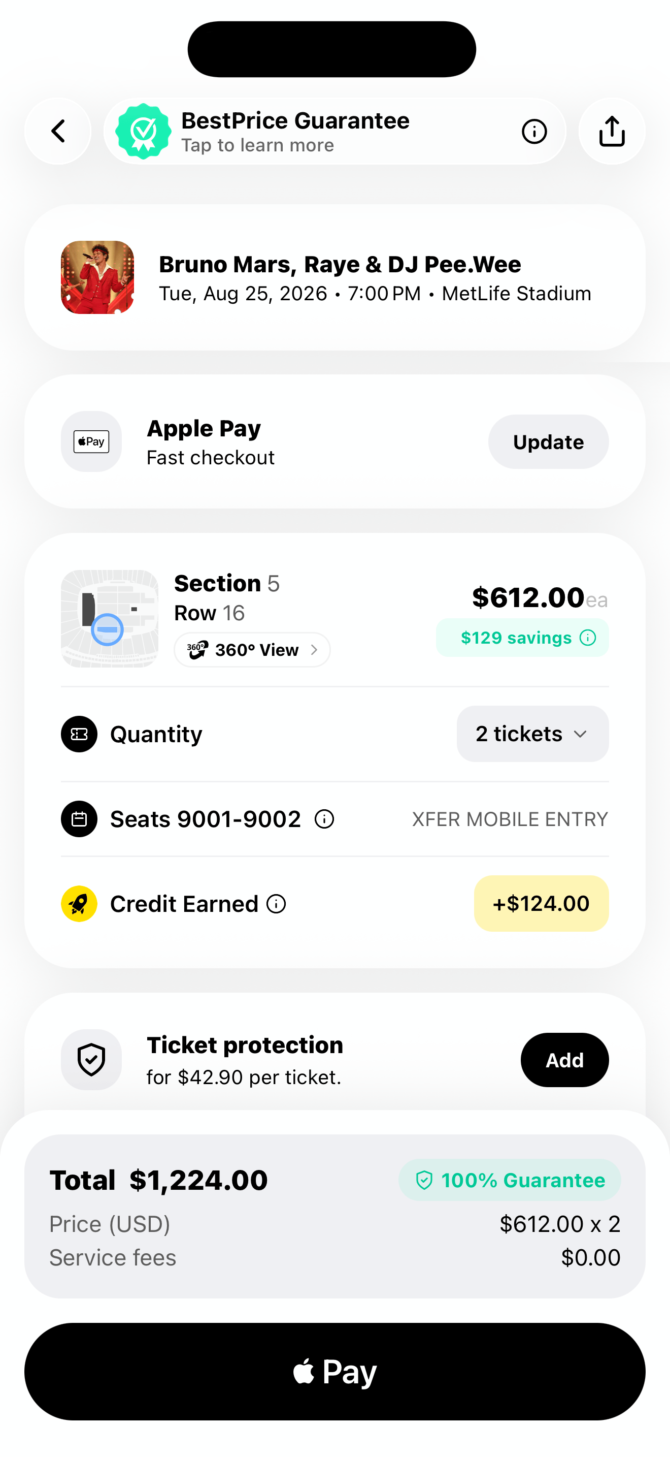 Checkout Instantly screen showing instant ticket delivery