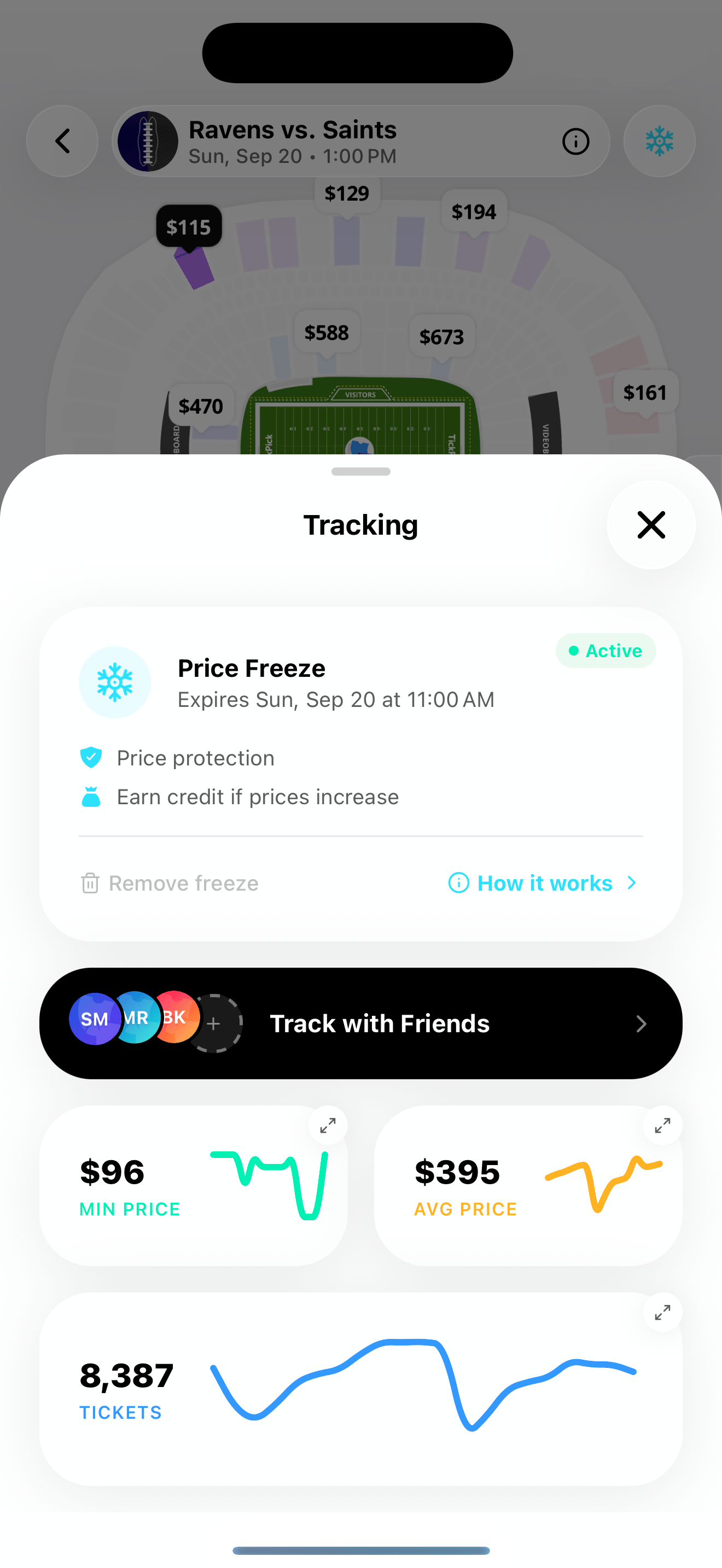 Price Freeze modal on checkout screen showing earn up to $25 per ticket if price goes up