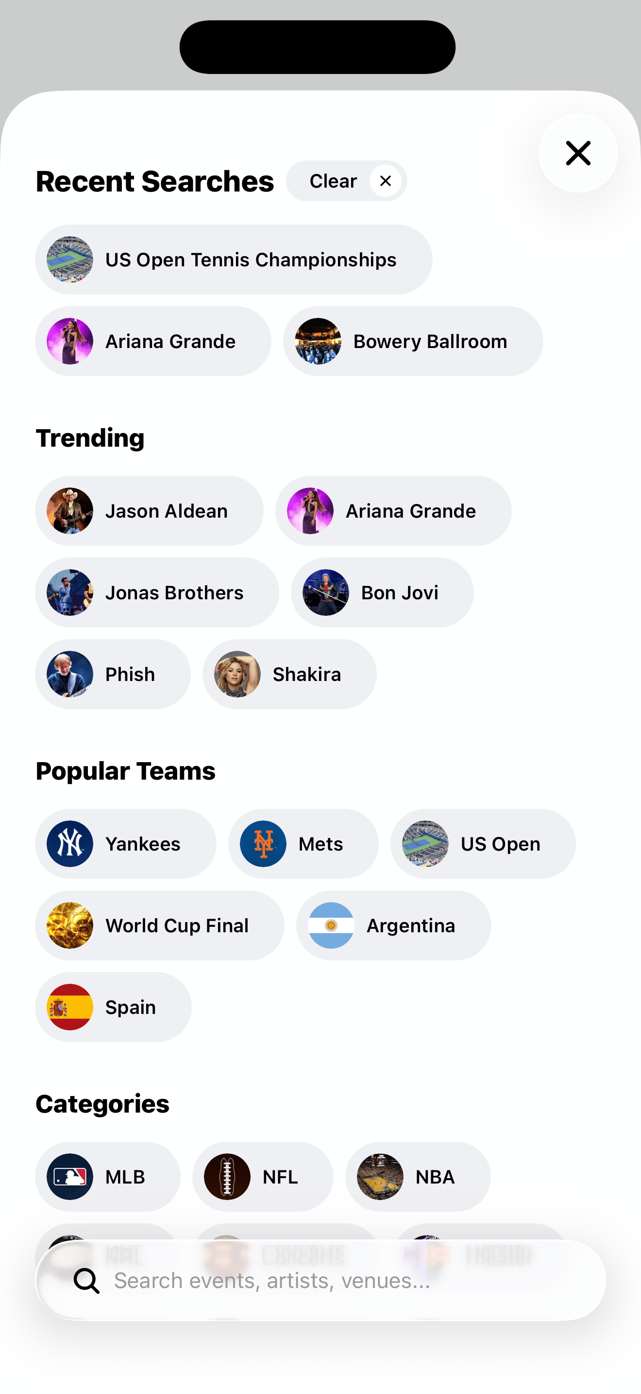 TickPick app home screen showing search and events