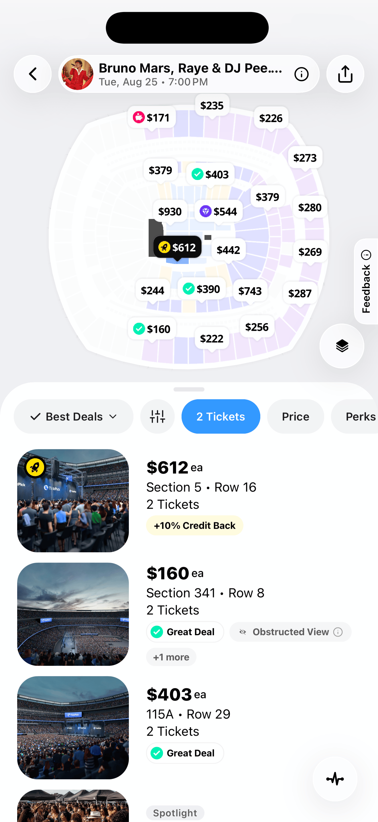 Credit Boost listings showing earn credit badges on select tickets