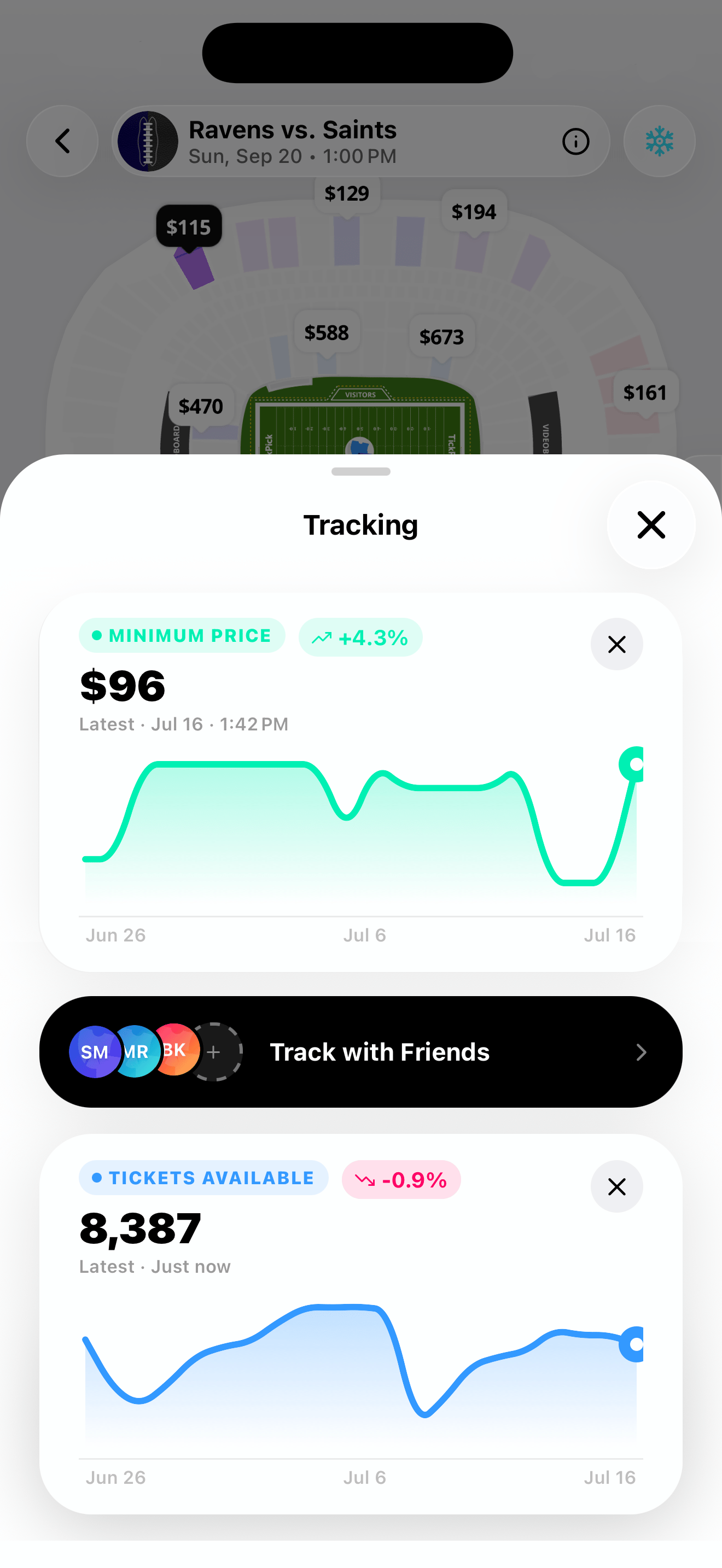 Track Events screen showing team and event tracking features