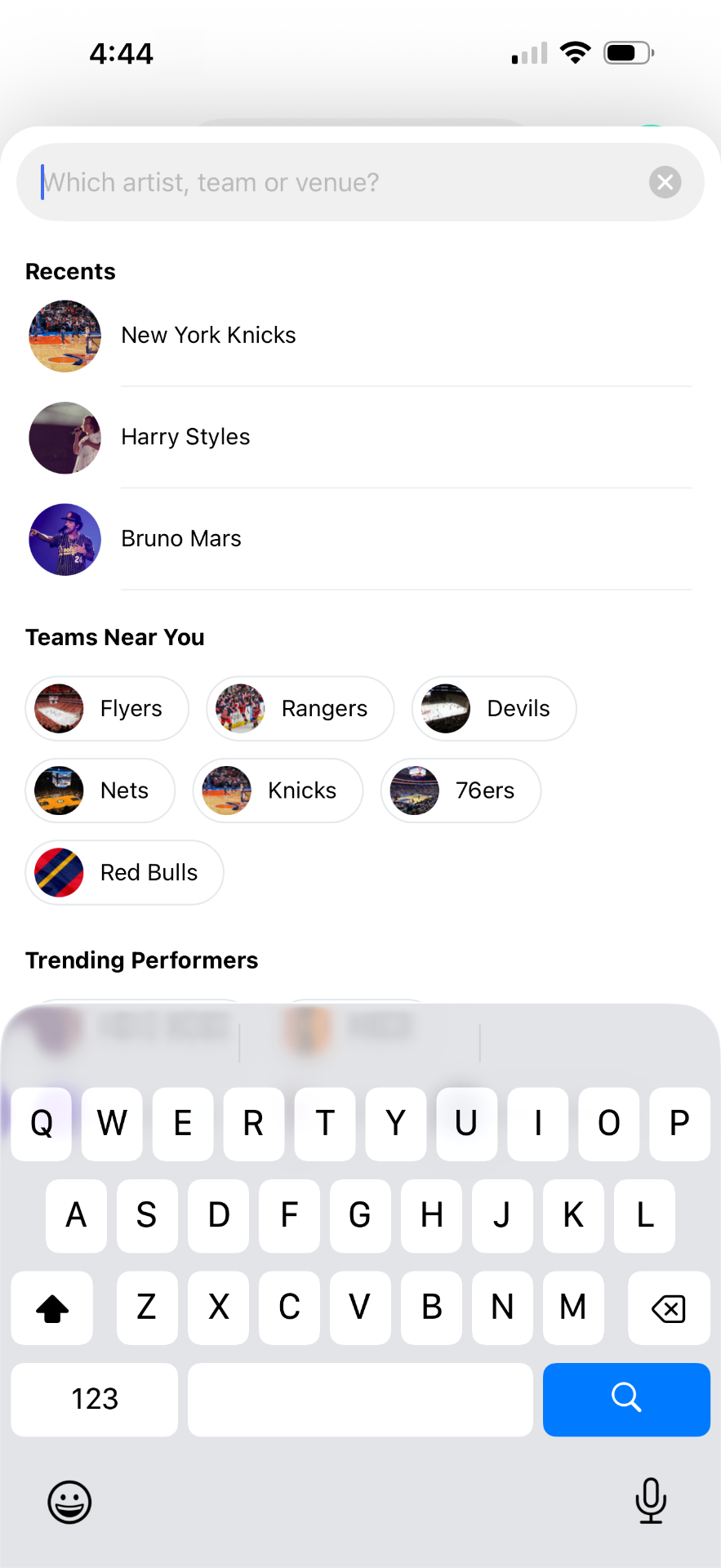TickPick app home screen showing search and events