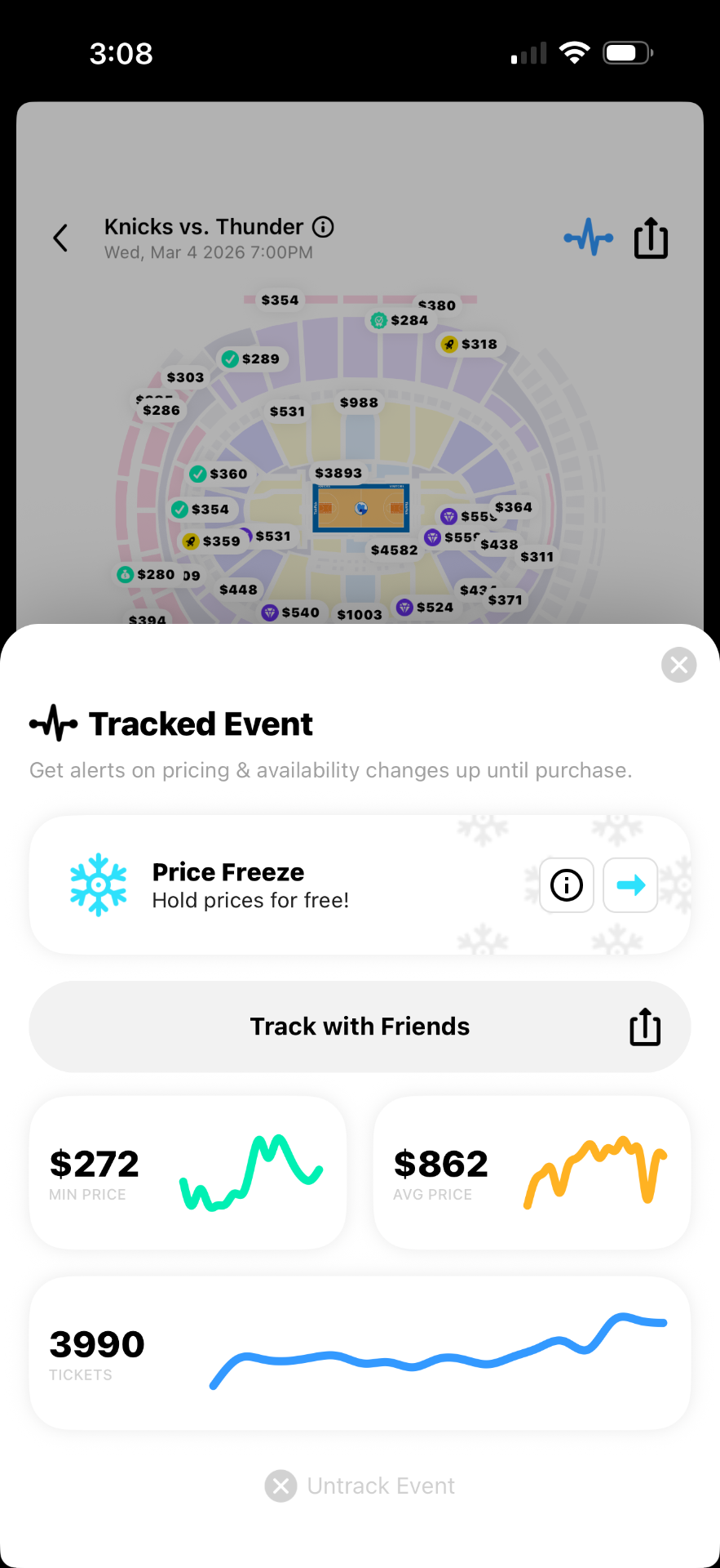 Track Prices screen showing team and event tracking features