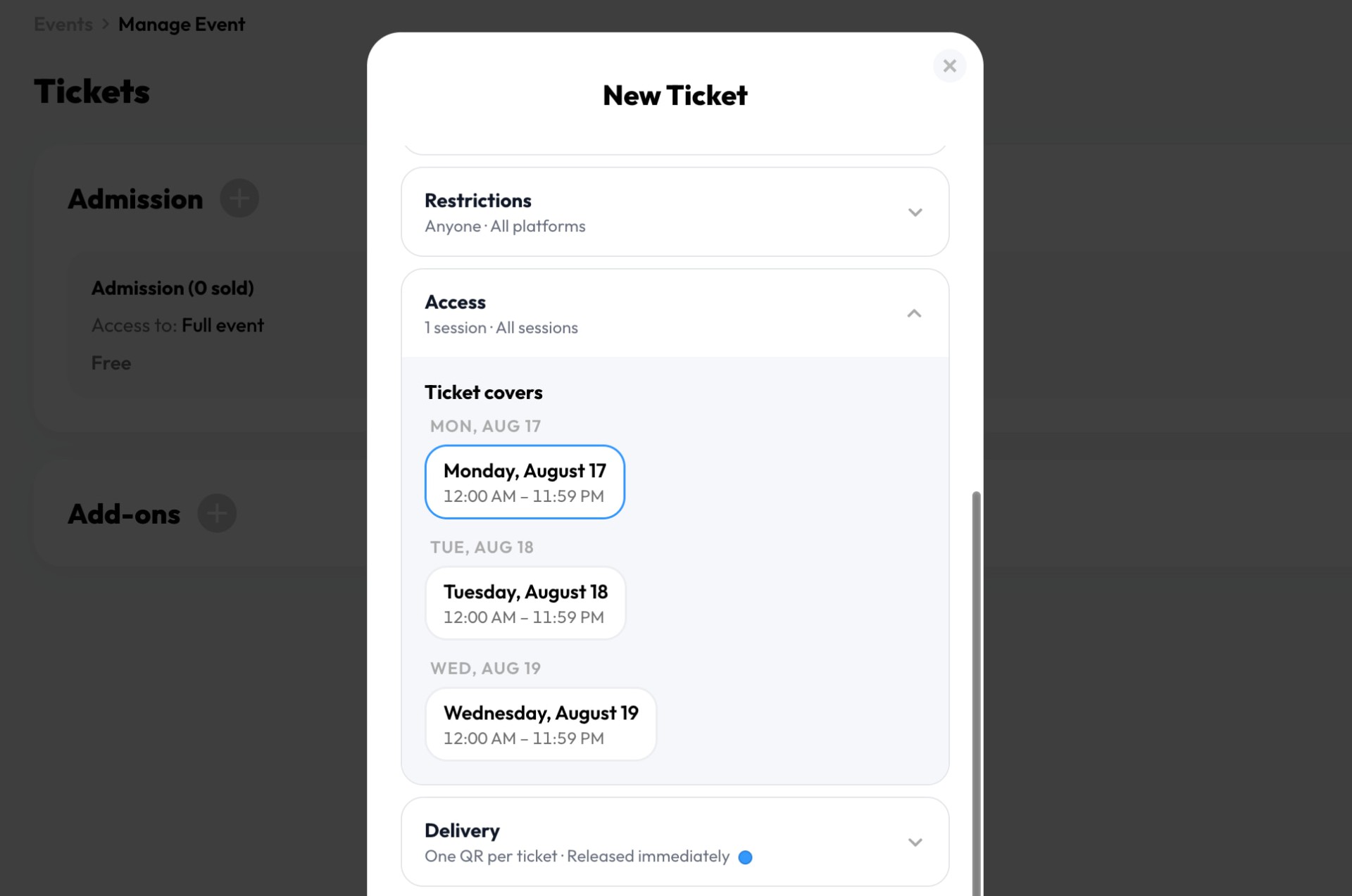 TickPick Organizer ticket-access settings for selecting the event days a ticket covers