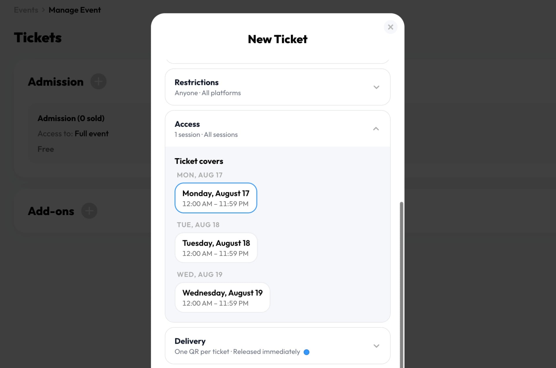 TickPick Organizer ticket-access settings for selecting the event days a ticket covers