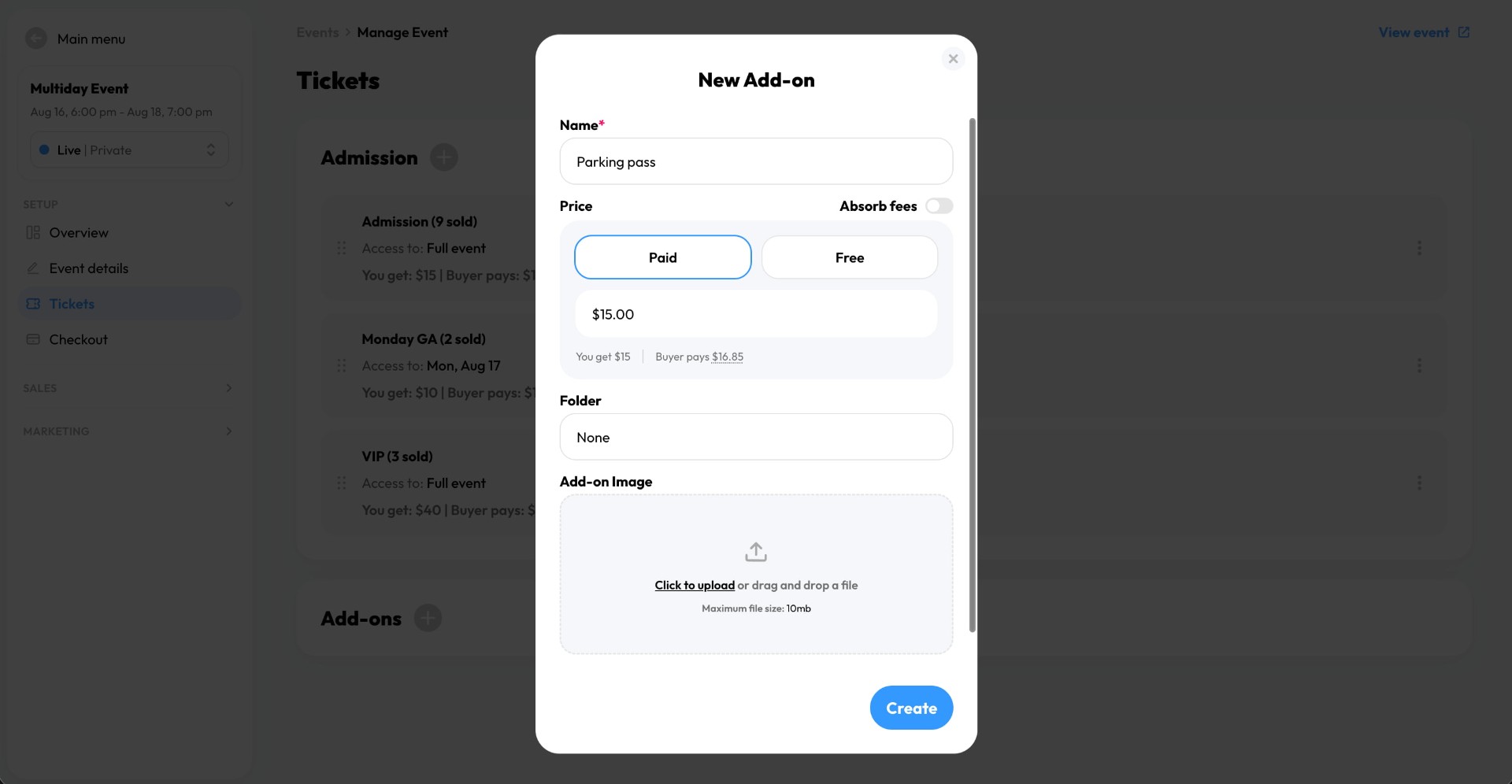TickPick Organizer form for creating and pricing a parking add-on