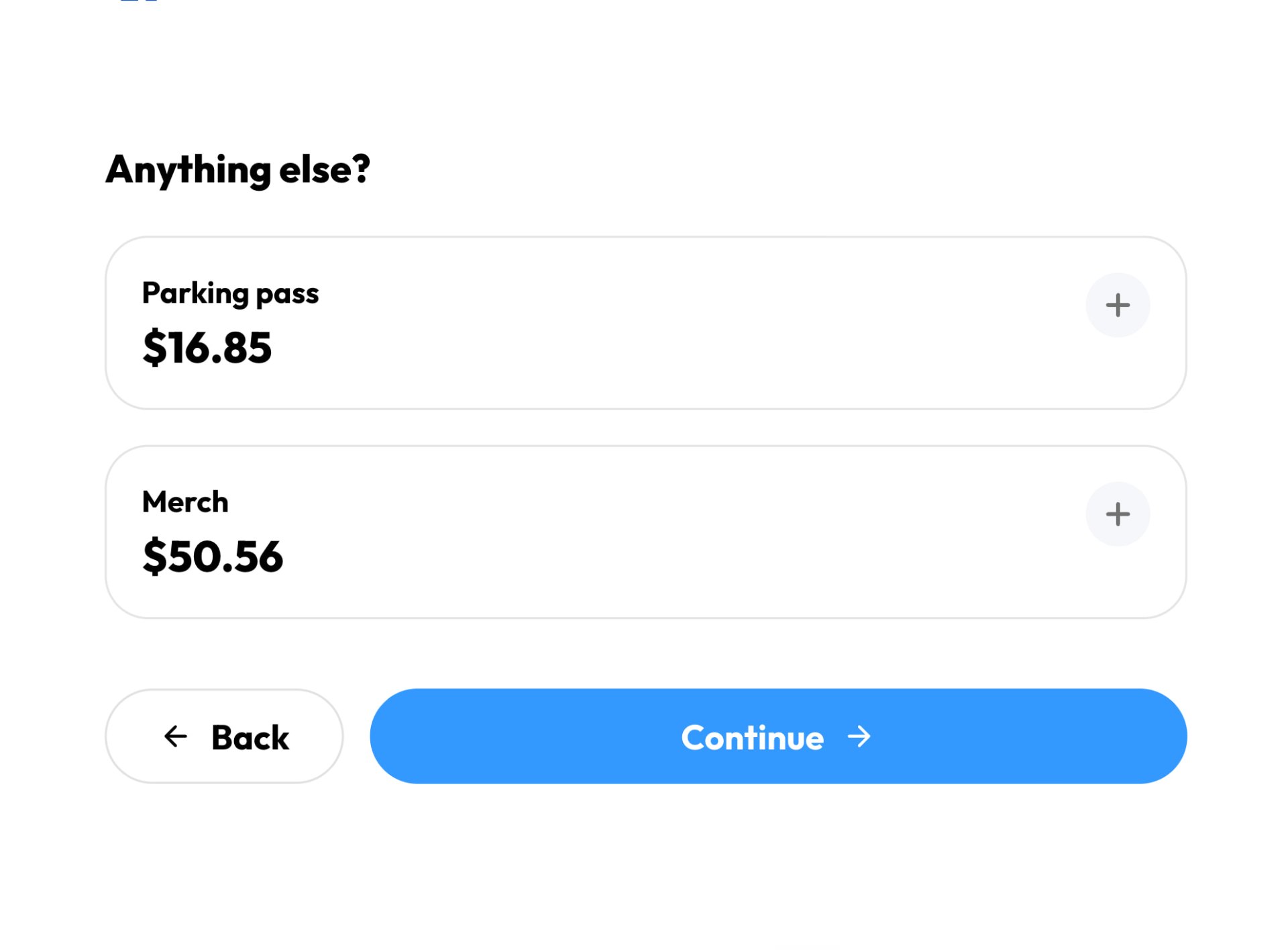 TickPick checkout offering parking and merchandise add-ons before purchase