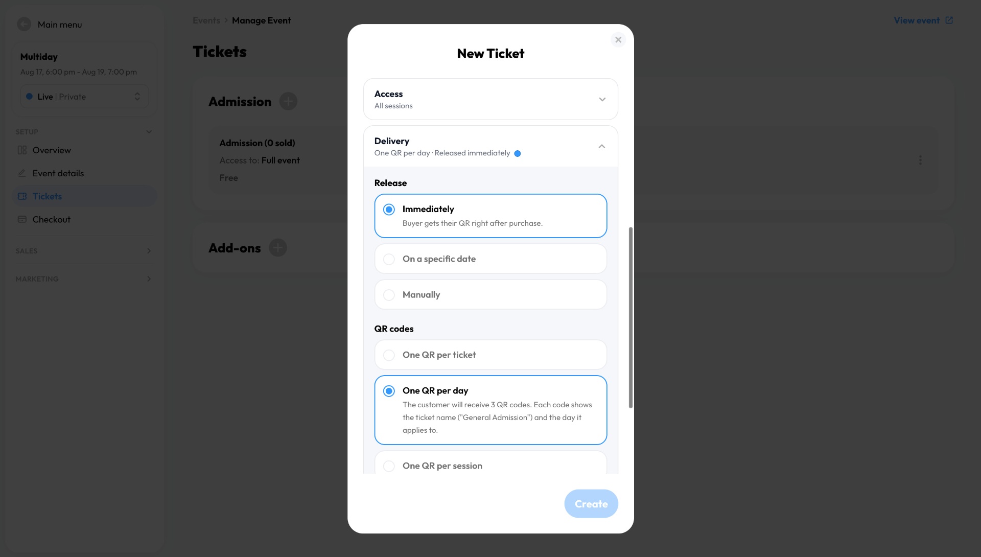 TickPick Organizer ticket delivery settings with release timing and QR-code options