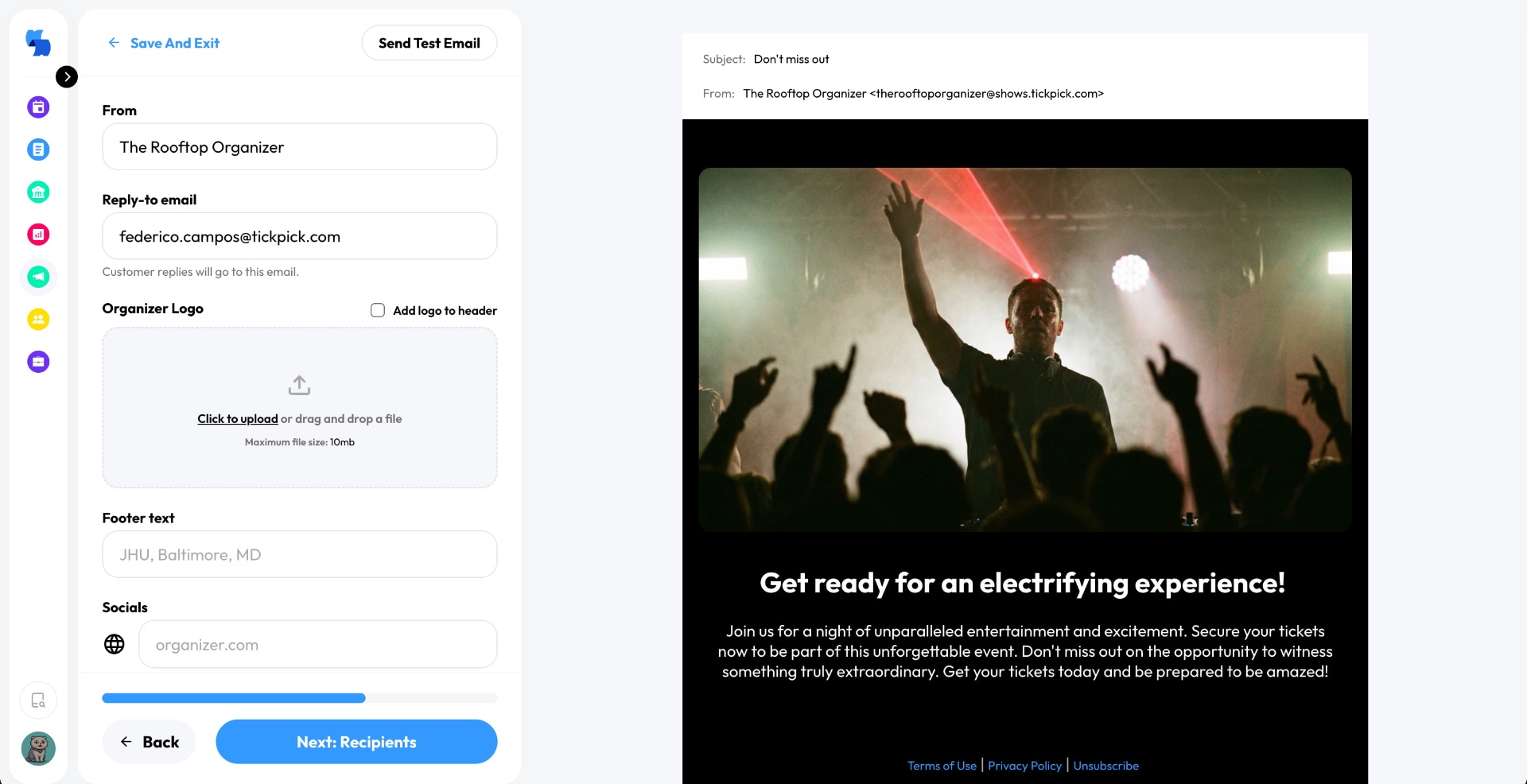 TickPick Organizer email builder with sender settings and a live campaign preview