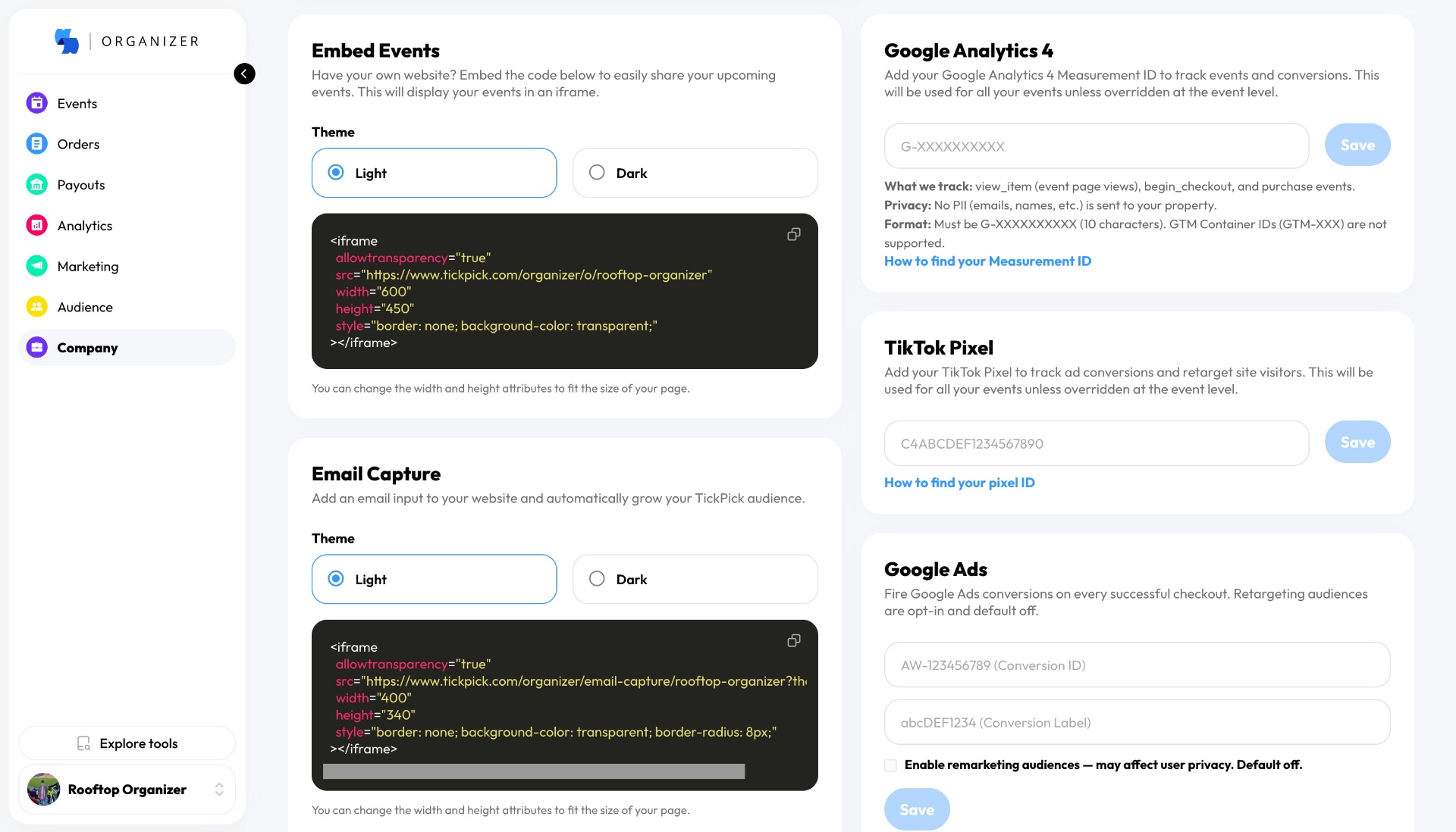 TickPick Organizer embed and integrations settings for widgets, tracking, APIs, and webhooks
