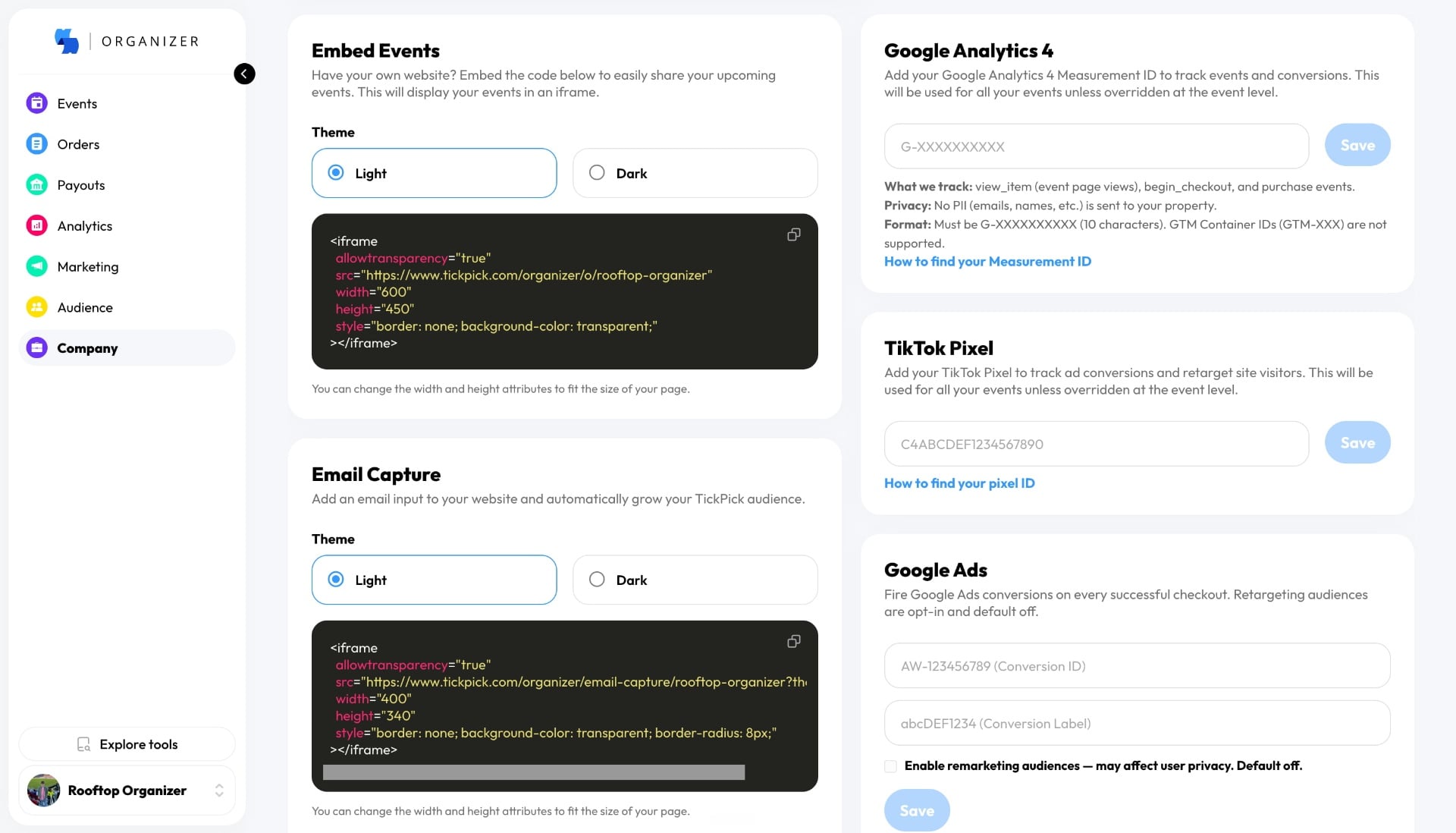 TickPick Organizer embed and integrations settings for widgets, tracking, APIs, and webhooks