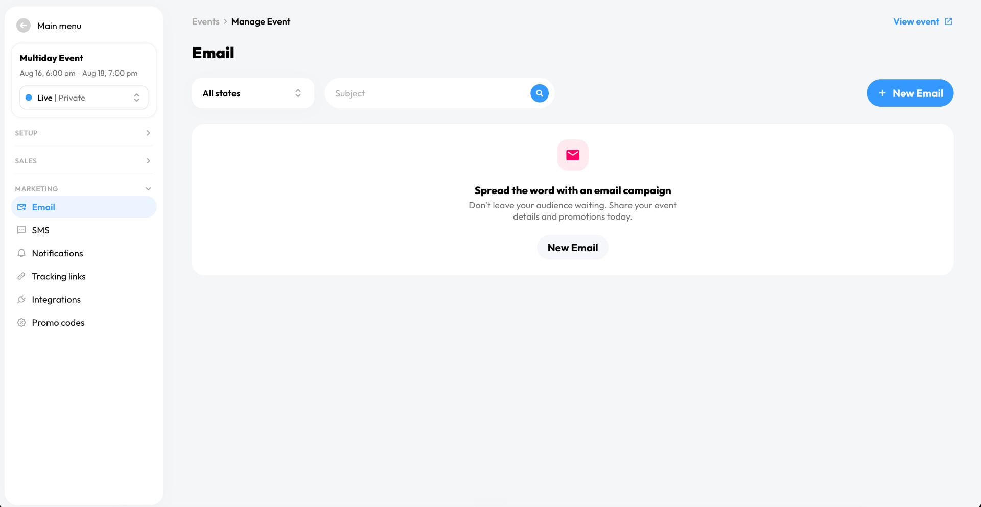 TickPick Organizer email workspace with SMS, notifications, tracking links, integrations, and promo codes