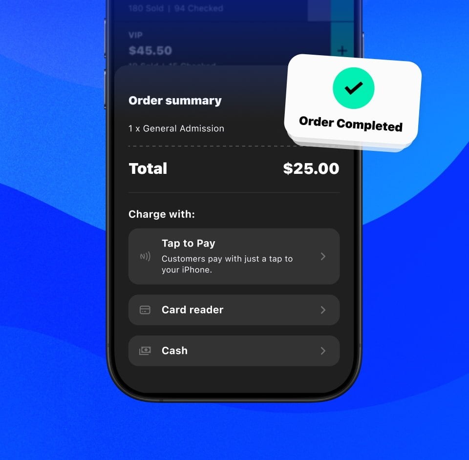 TickPick Organizer mobile point of sale with tap to pay, card reader, and cash options