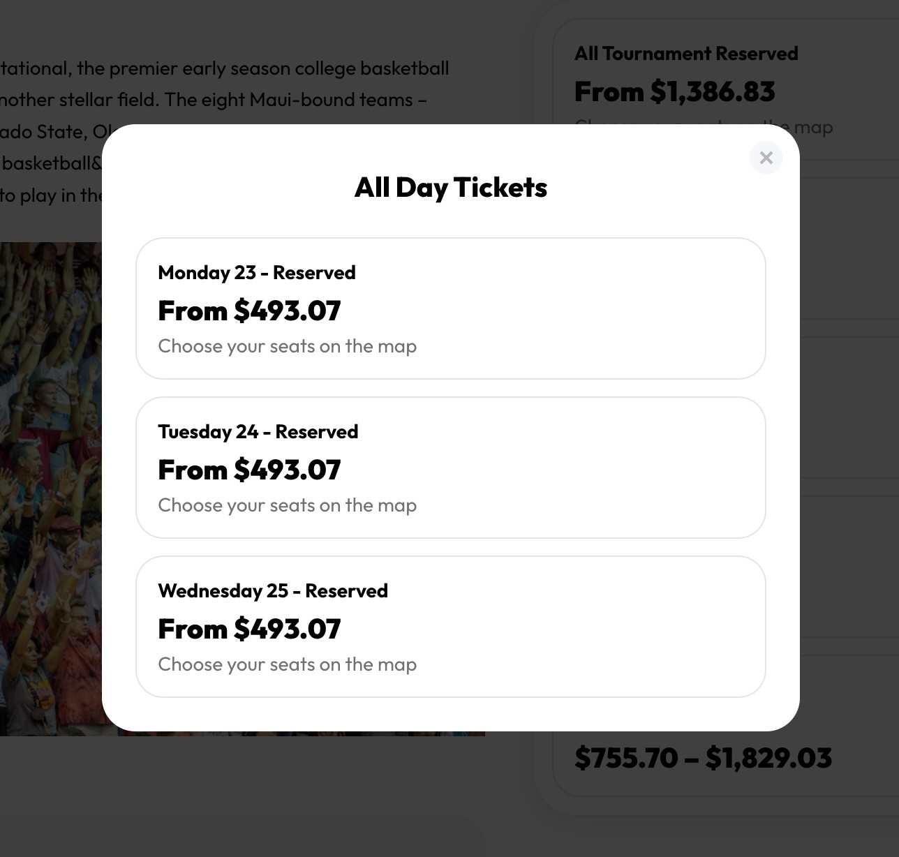 TickPick event checkout listing reserved ticket options by date and starting price