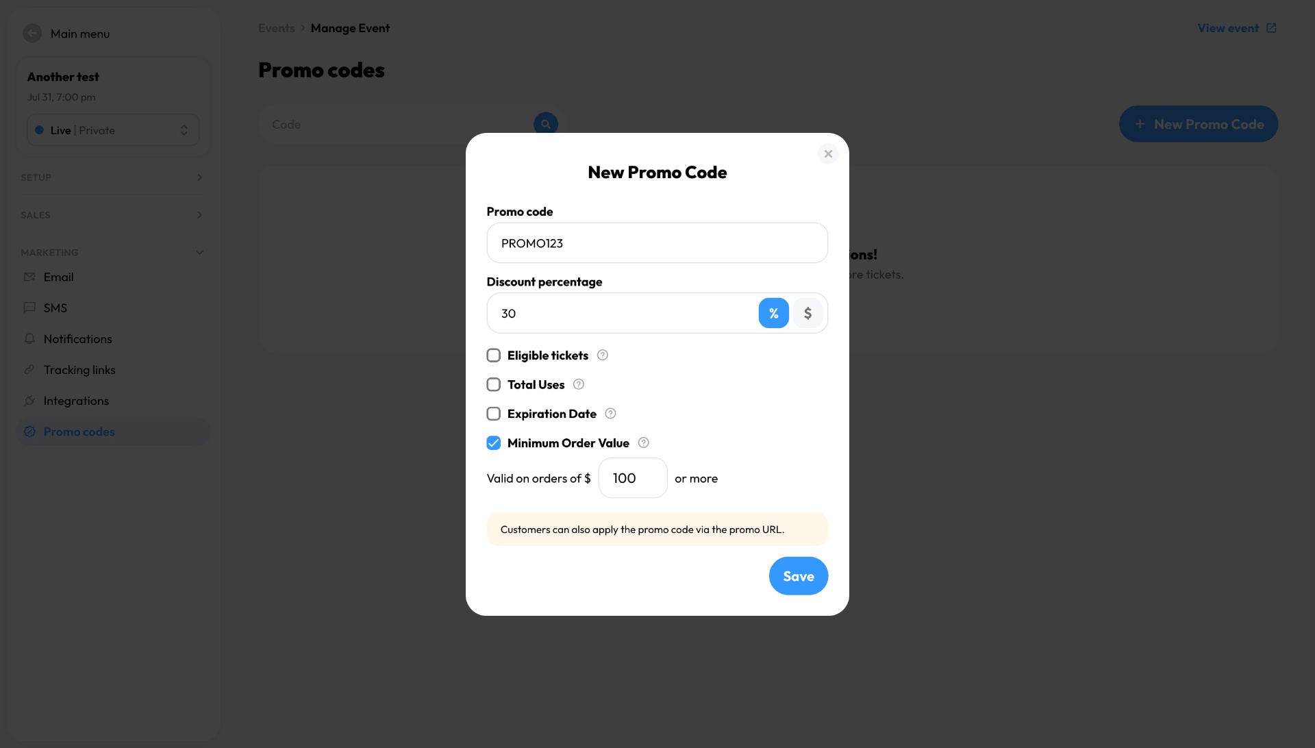 TickPick Organizer promo-code setup with discount, eligibility, usage, expiration, and order-value controls
