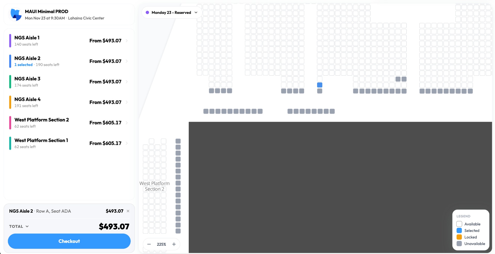 TickPick reserved seating map with selectable seats, live availability, and an order summary