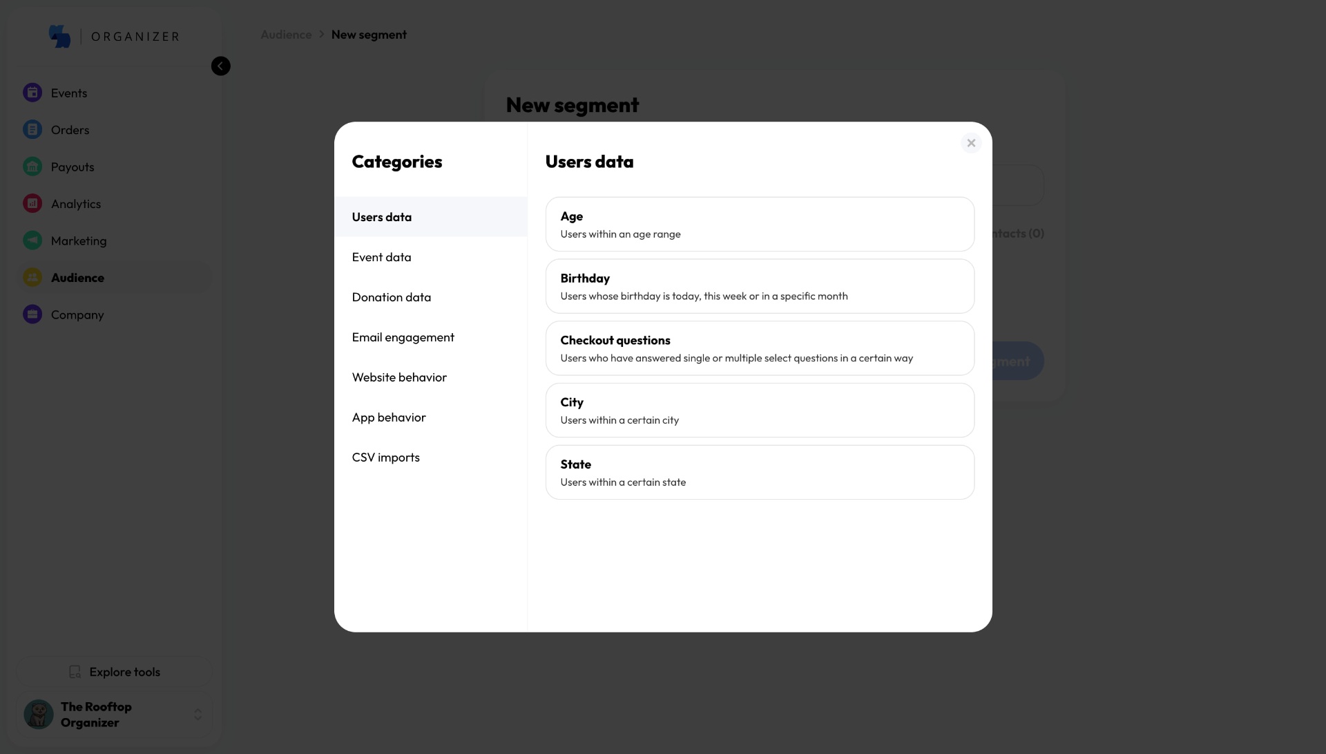 TickPick Organizer segment builder with user, event, engagement, behavior, and import filters
