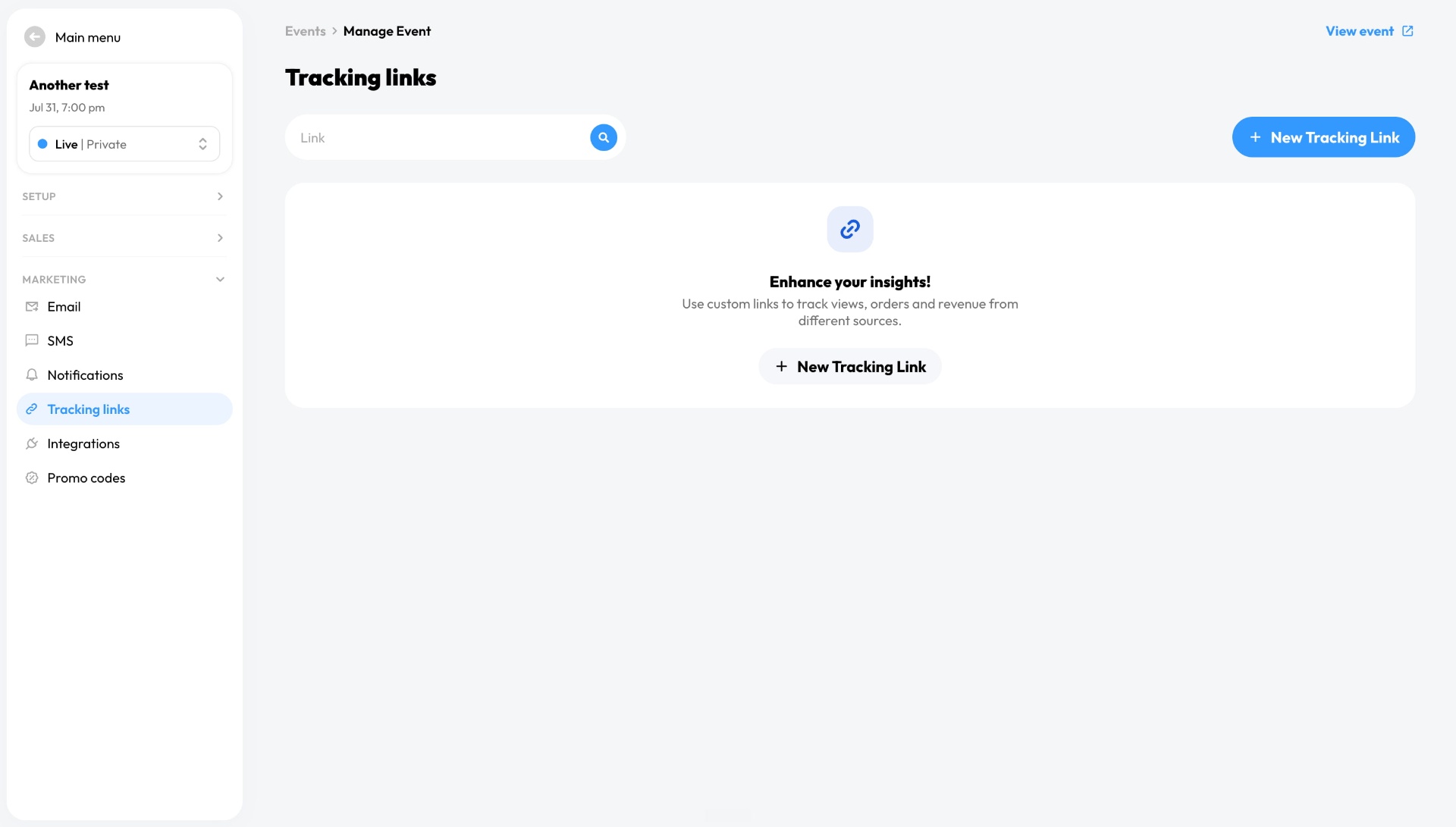 TickPick Organizer tracking-links workspace for measuring views, orders, and revenue by source