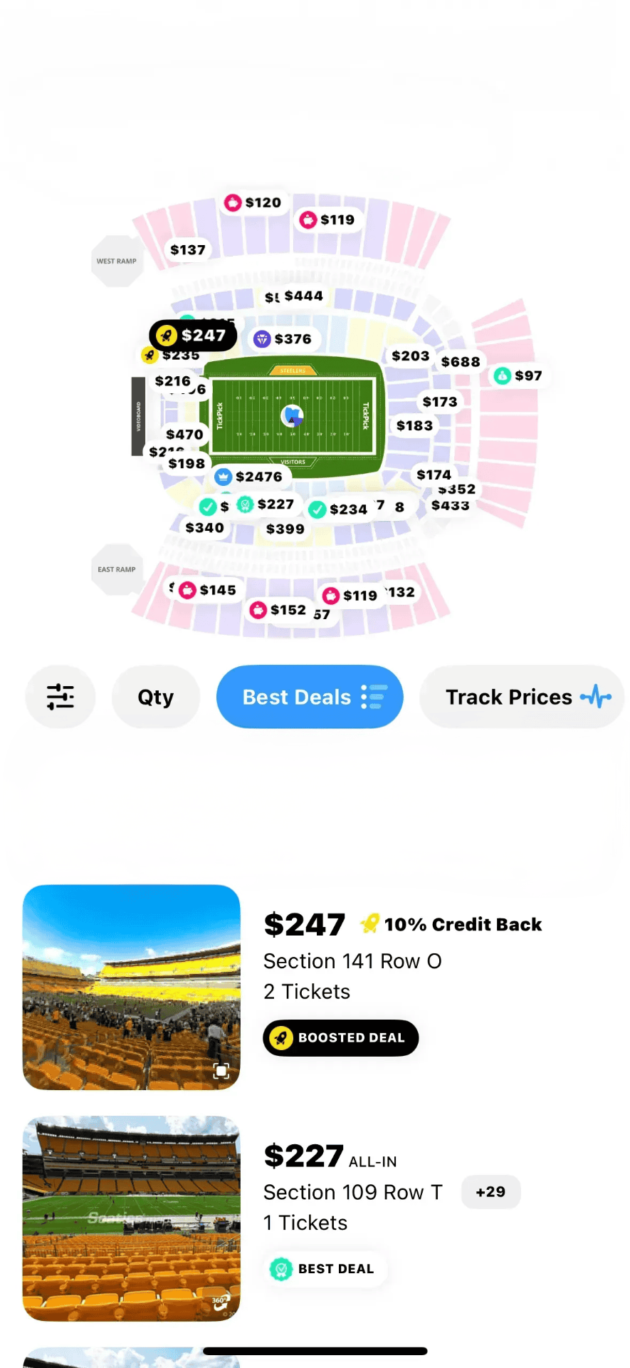Seat map and listings